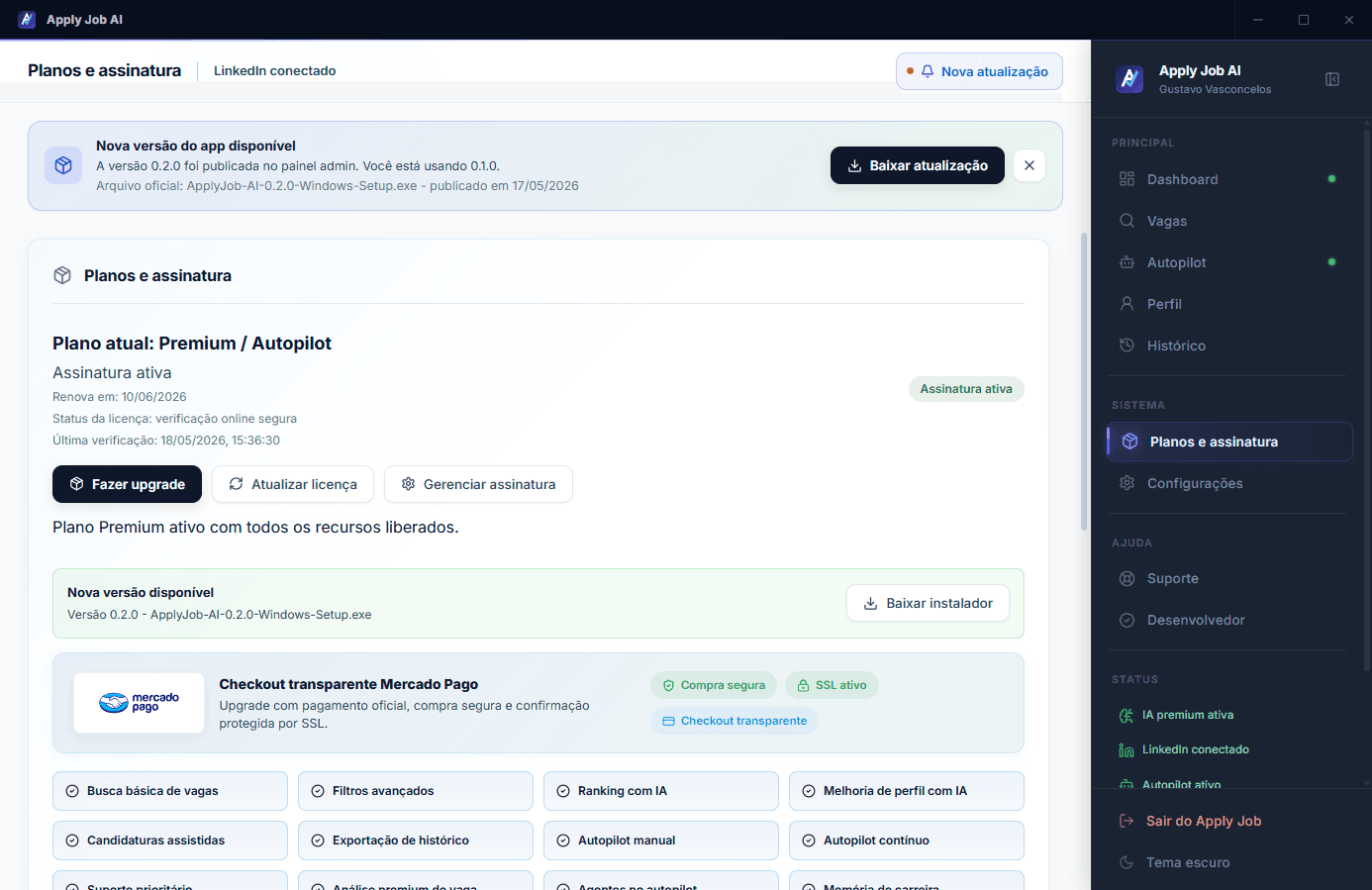 Tela de assinatura e licença do Apply Job AI desktop