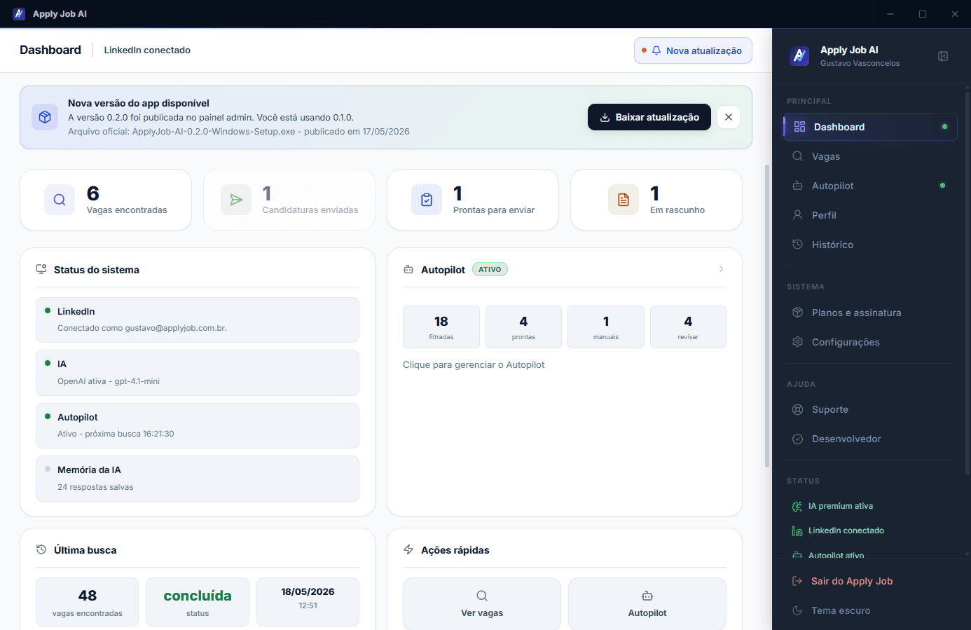 Dashboard do Apply Job AI com métricas de candidaturas e pipeline