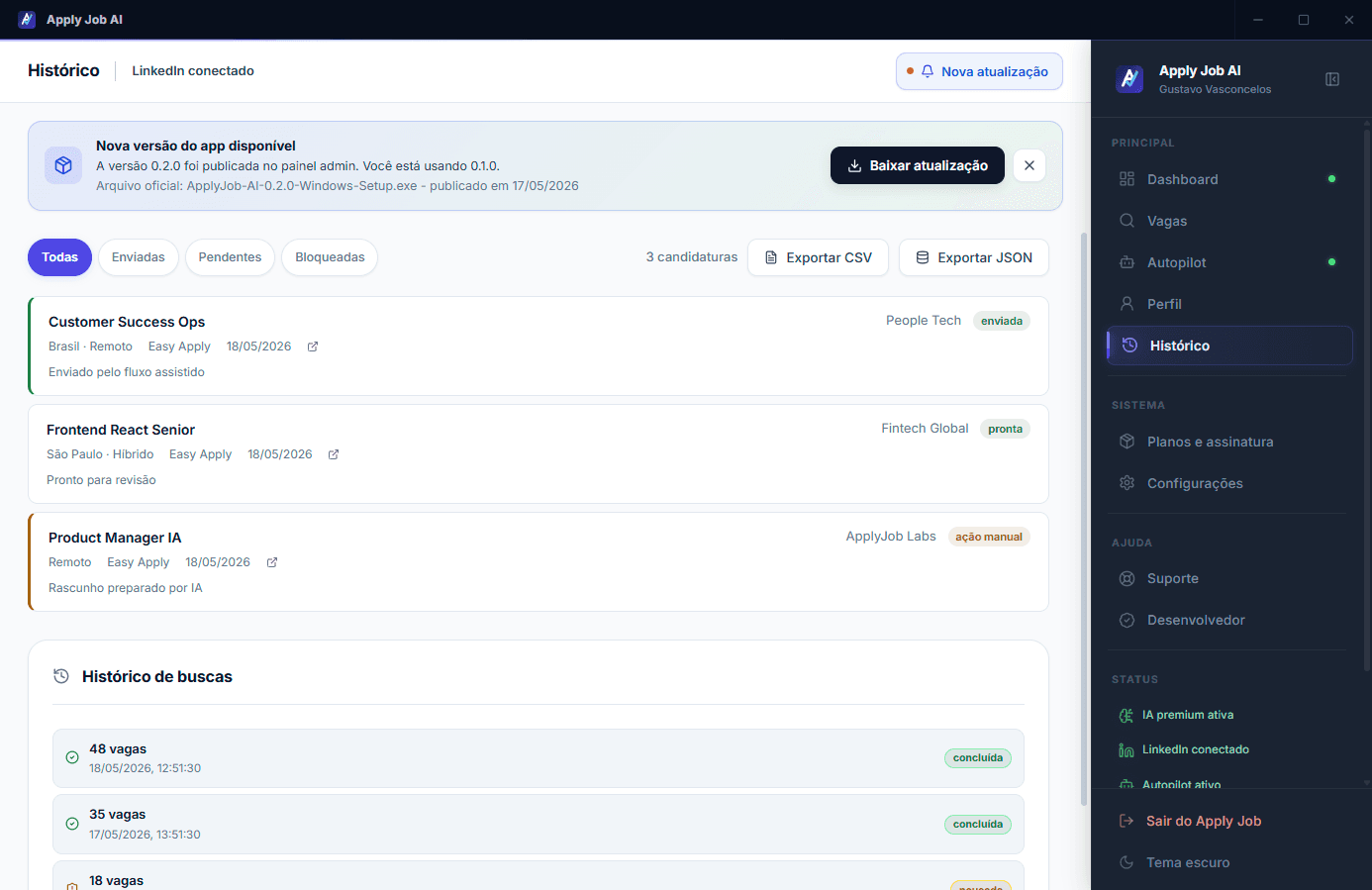 Histórico de candidaturas no Apply Job AI com status e follow-ups