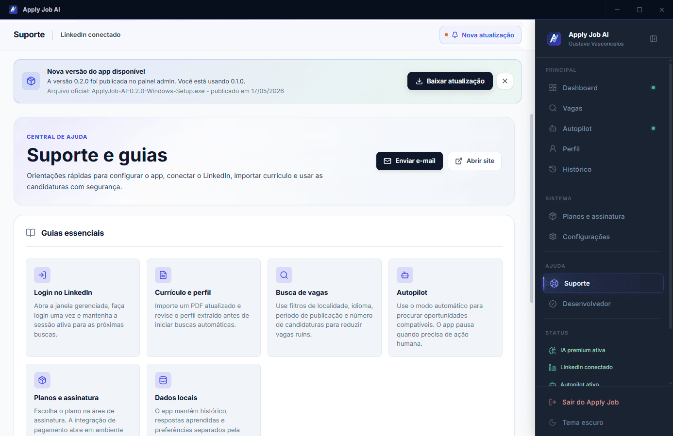 Tela de suporte do Apply Job AI com canais e status operacional