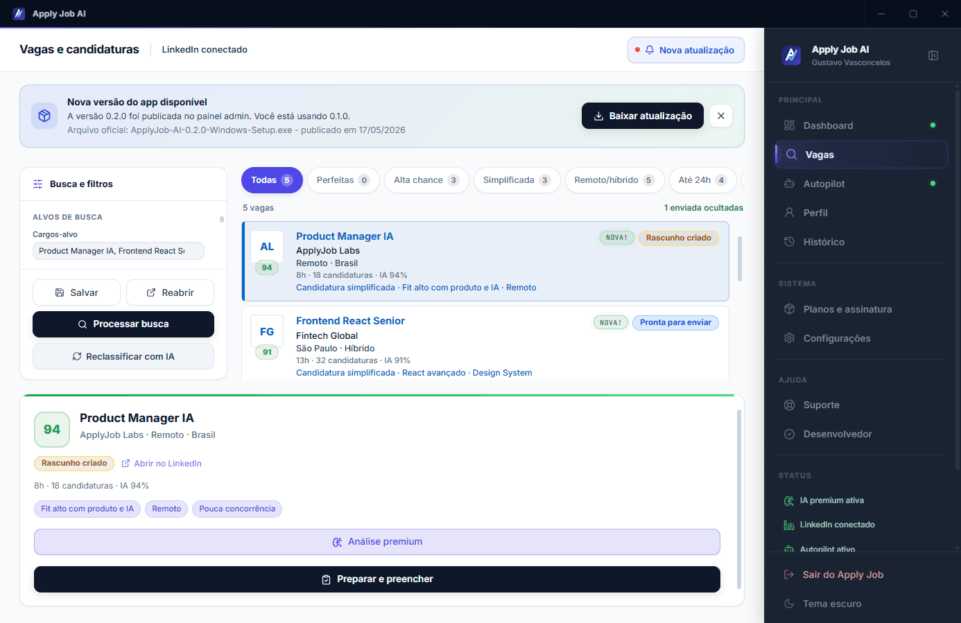 Ranking de vagas do Apply Job AI com compatibilidade por perfil
