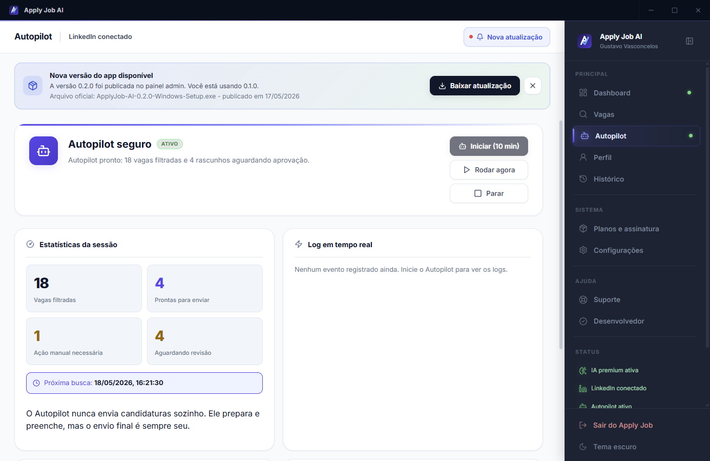 Tela de autopilot do Apply Job AI para automação assistida de candidaturas