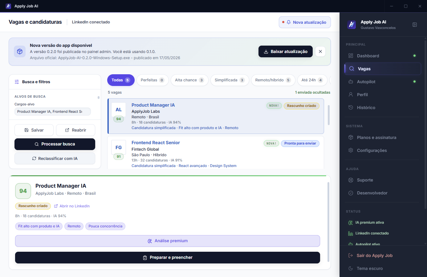 Ranking de vagas do Apply Job AI com compatibilidade para perfil tech